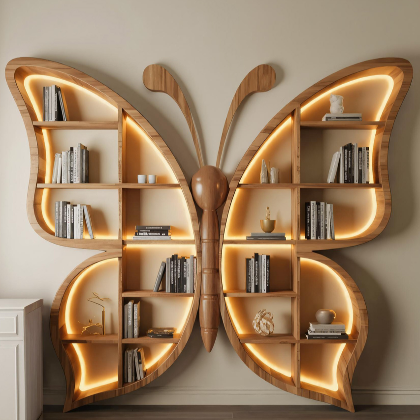 Artistic Butterfly Bookshelf With LED For Living Room Or Bedroom