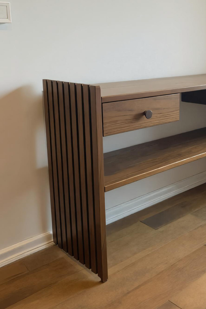 Modern Slatted Desk With Drawers And Shelf For Home Office