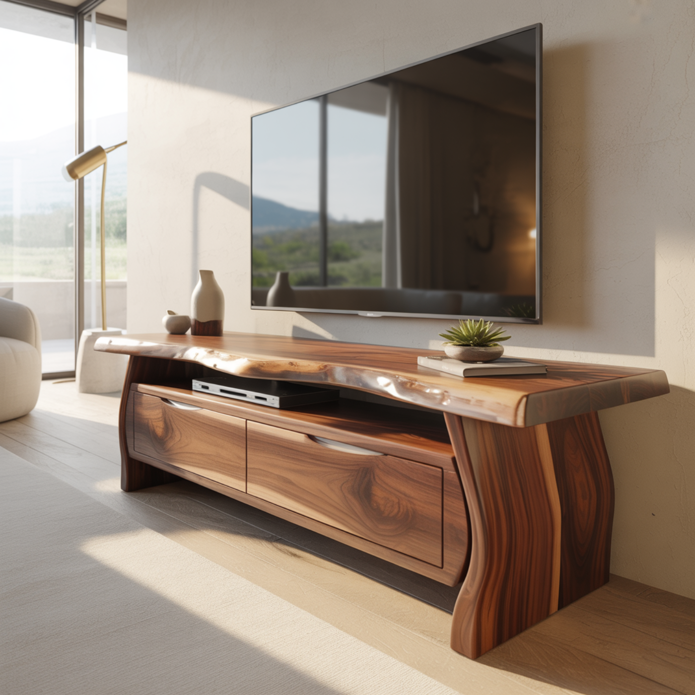 Handcrafted Live-Edge Solid Wood TV Stand with Sculpted Curved Base