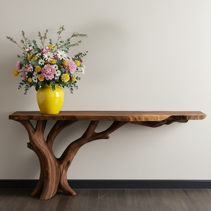 Handcrafted Solid Wood Console Table with Organic Branch Base and Live Edge Top