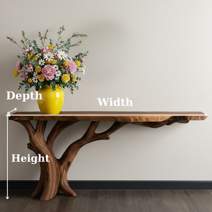 Handcrafted Solid Wood Console Table with Organic Branch Base and Live Edge Top