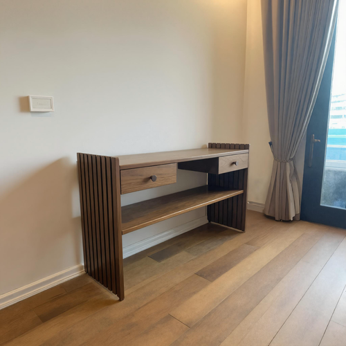 Modern Slatted Desk With Drawers And Shelf For Home Office