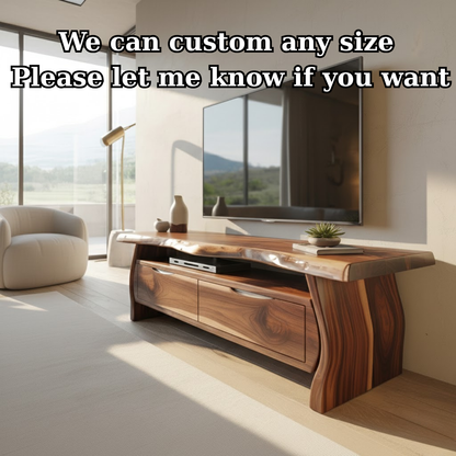 Handcrafted Live-Edge Solid Wood TV Stand with Sculpted Curved Base