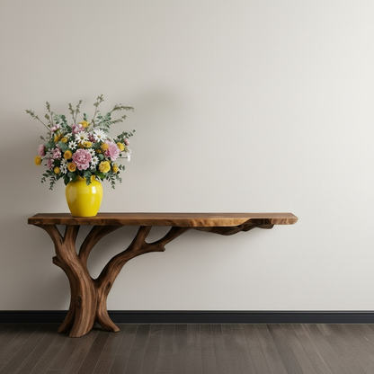 Handcrafted Solid Wood Console Table with Organic Branch Base and Live Edge Top