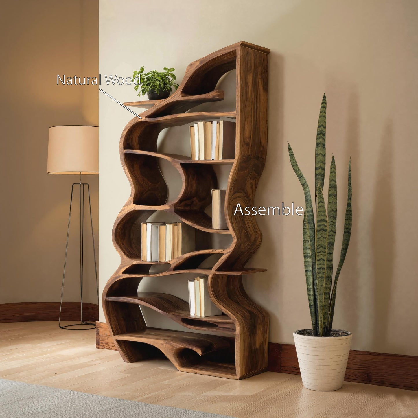 Handcrafted Sculpted Bookshelf With Organic Design For Living Room Or Office