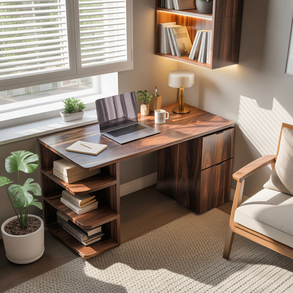Contemporary Wooden Desk With Shelves And Drawers For Home Office