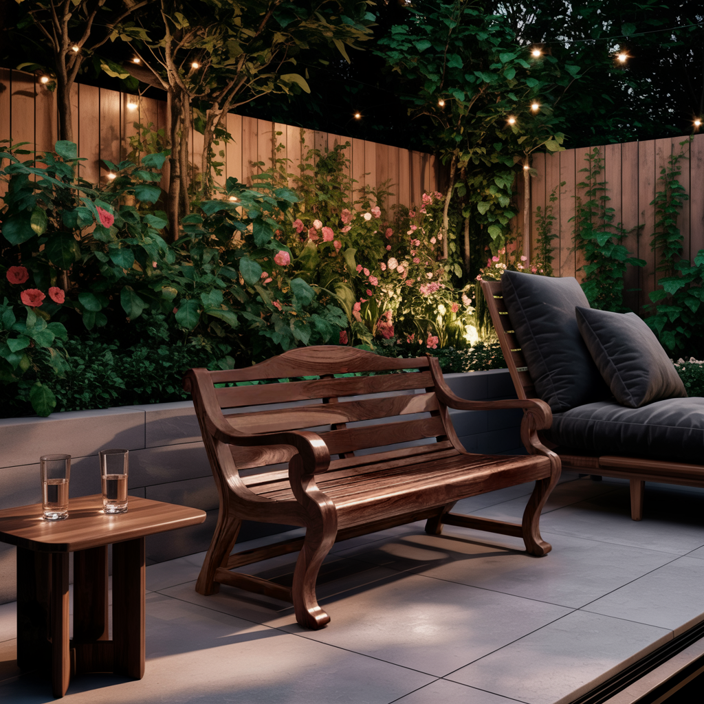 Classic Curved Wood Garden Bench With Sculpted Arms For Patio Or Entryway