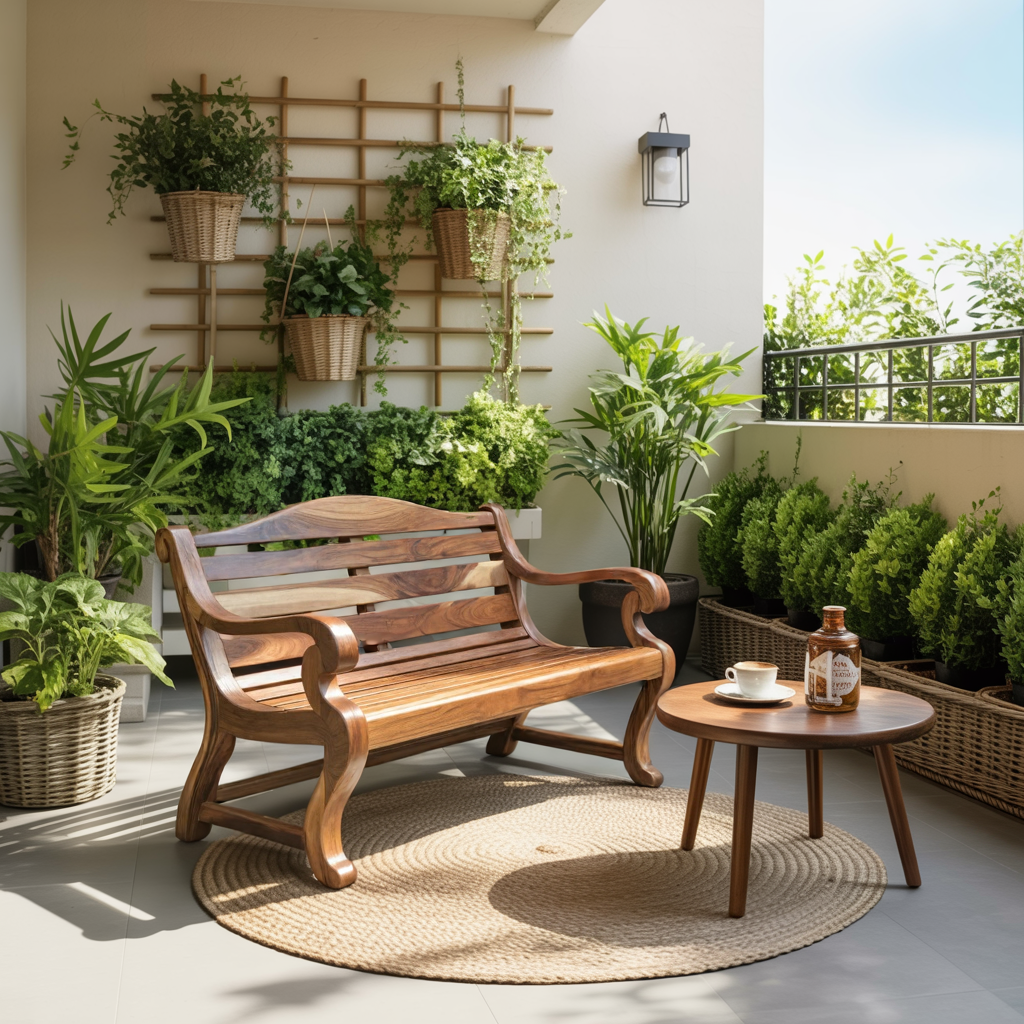 Classic Curved Wood Garden Bench With Sculpted Arms For Patio Or Entryway