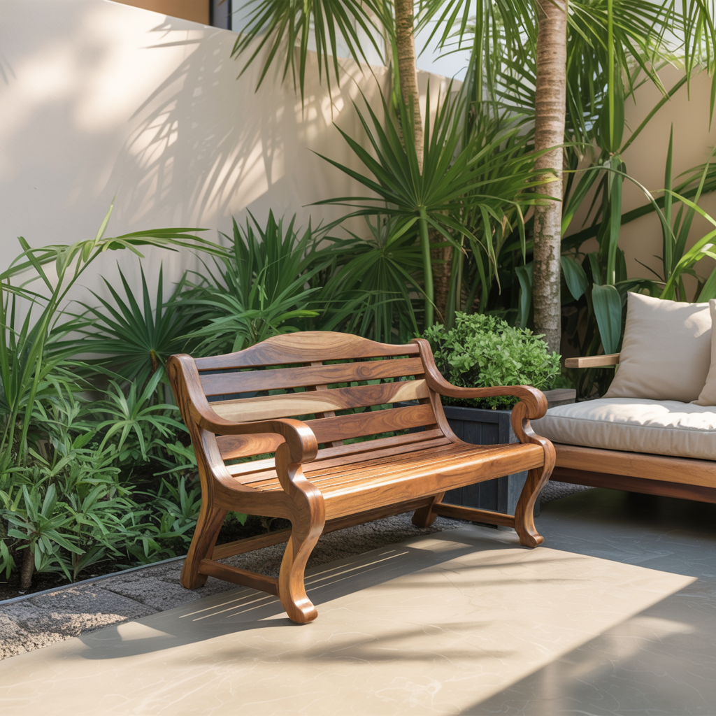 Classic Curved Wood Garden Bench With Sculpted Arms For Patio Or Entryway