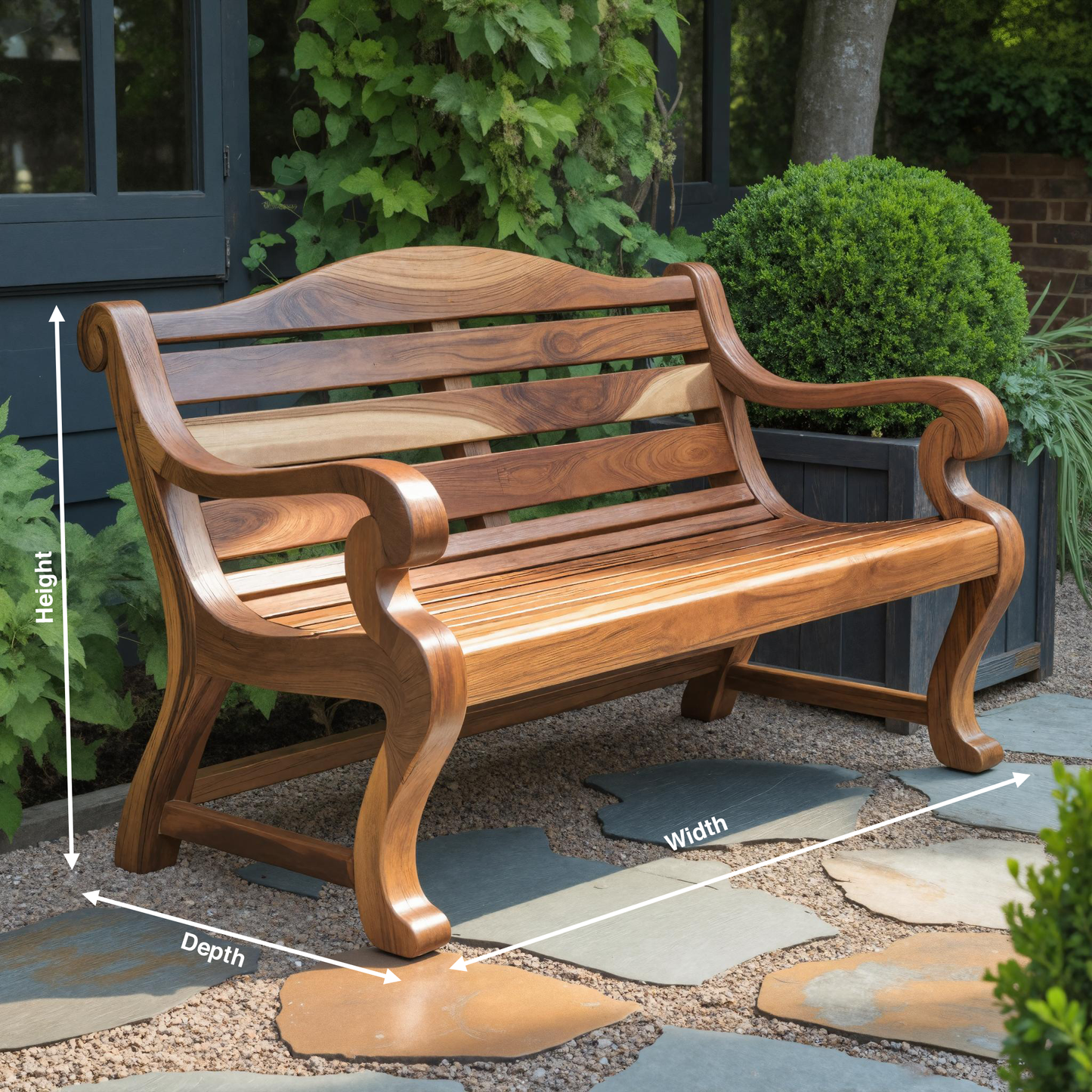 Classic Curved Wood Garden Bench With Sculpted Arms For Patio Or Entryway