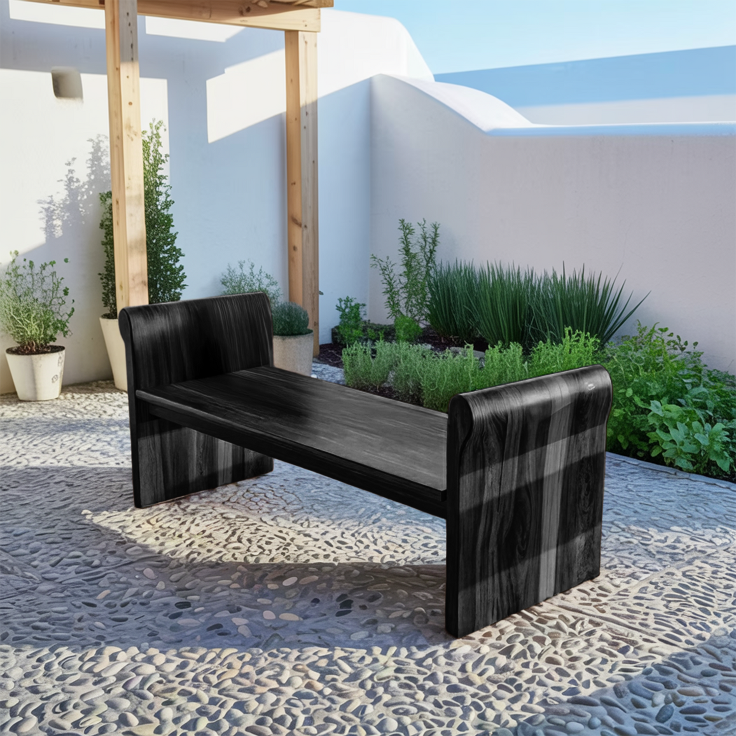 Contemporary Wood Bench With Rounded Armrests For Porch Or Garden