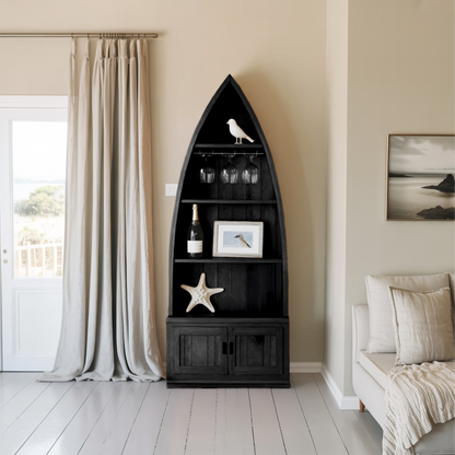 Boat Shaped Display Cabinet With Storage Drawers For Living Room And Entryway