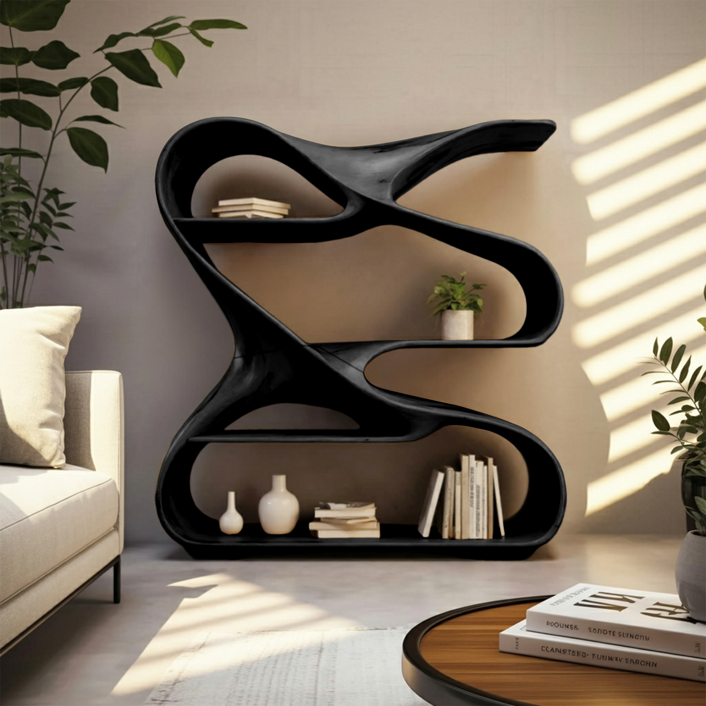 Modern Sculptural Wooden Bookshelf For Living Room Or Office Display