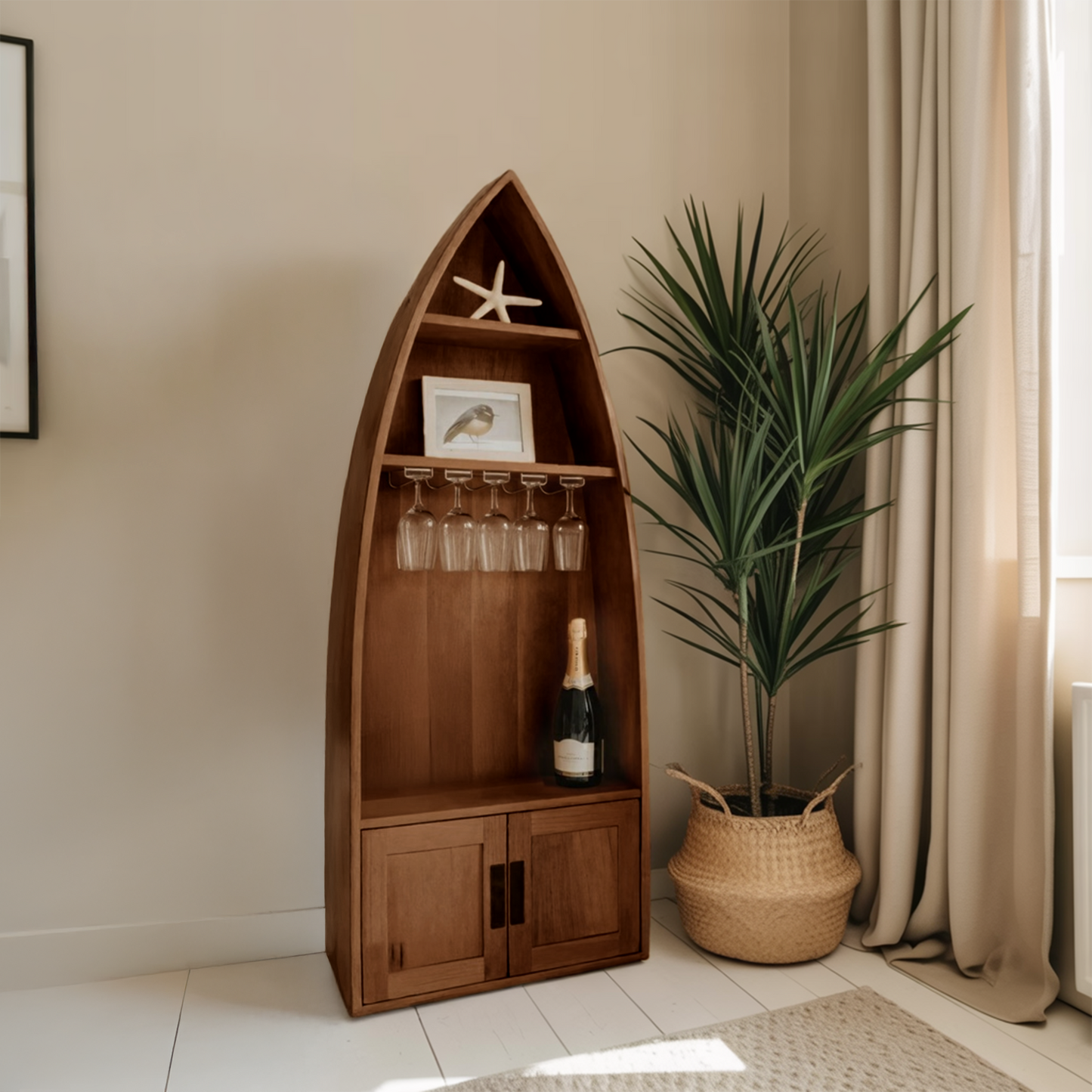 Coastal Boat Shaped Shelf With Glass Rack For Beach House And Living Room