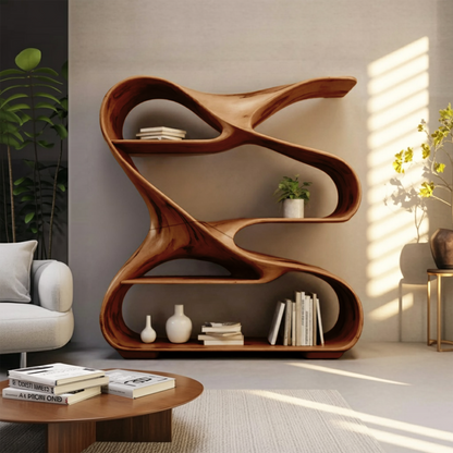 Modern Sculptural Wooden Bookshelf For Living Room Or Office Display