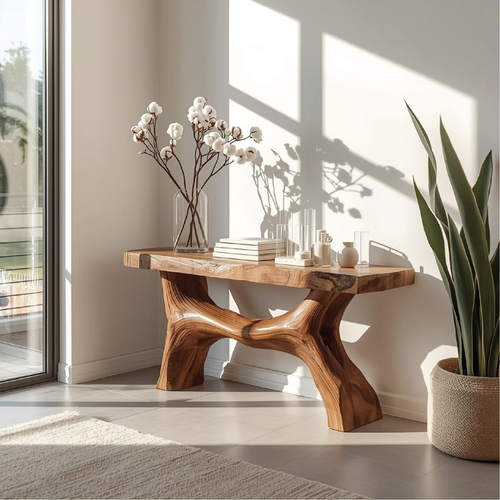Handcrafted Solid Wood Console Table with Sculptural Base and Natural Live Edge Design