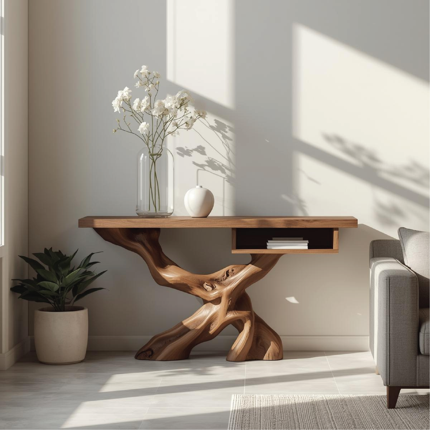 Handcrafted Solid Wood Console Table with Organic Tree-Root Base and Floating Shelf Design