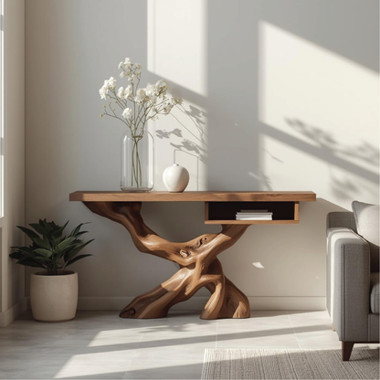 Handcrafted Solid Wood Console Table with Organic Tree-Root Base and Floating Shelf Design