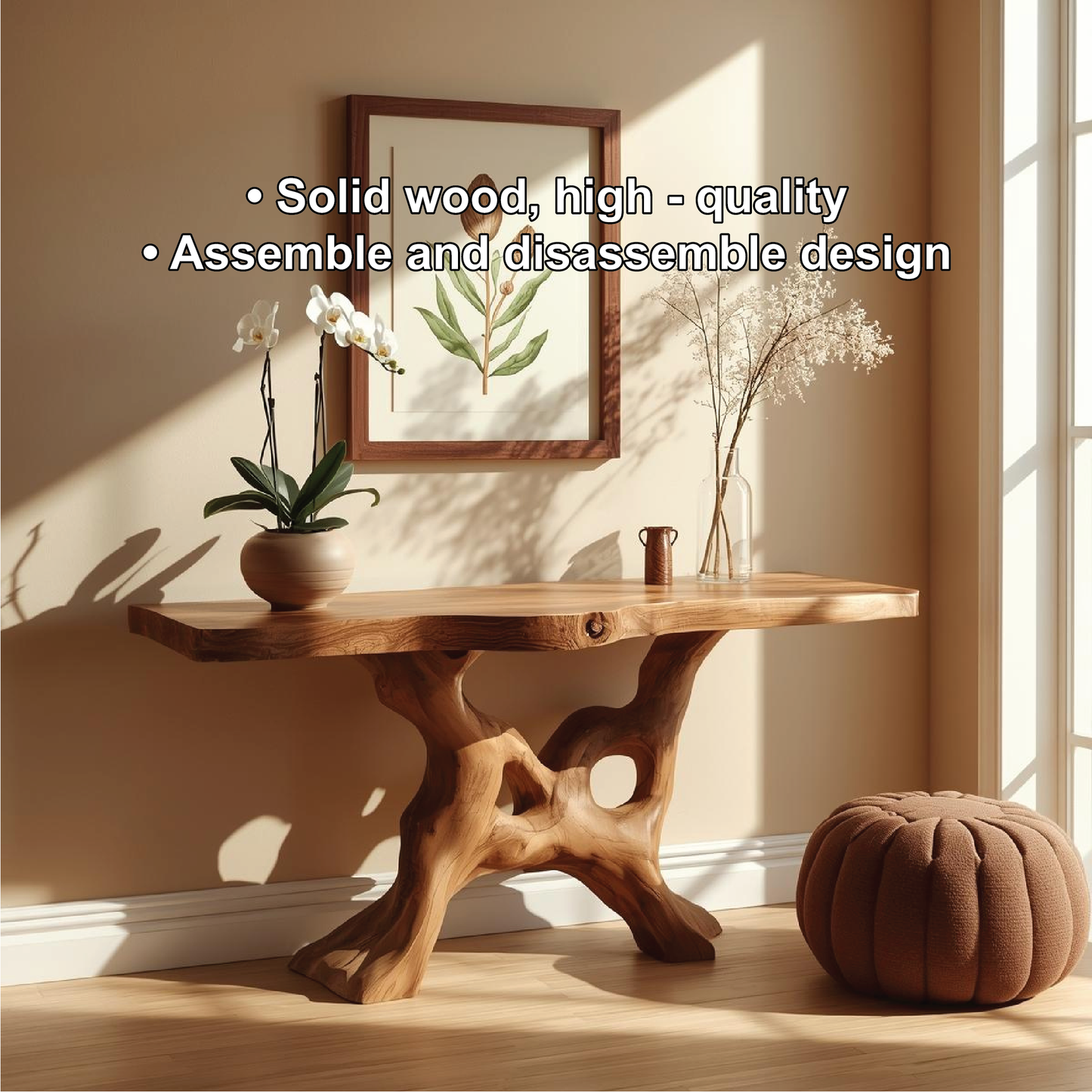 Handcrafted Solid Wood Console Table with Organic Root-Inspired Base and Natural Live Edge