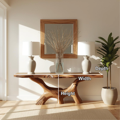 Handcrafted Solid Wood Console Table with Natural Live Edge and Organic Sculptural Base