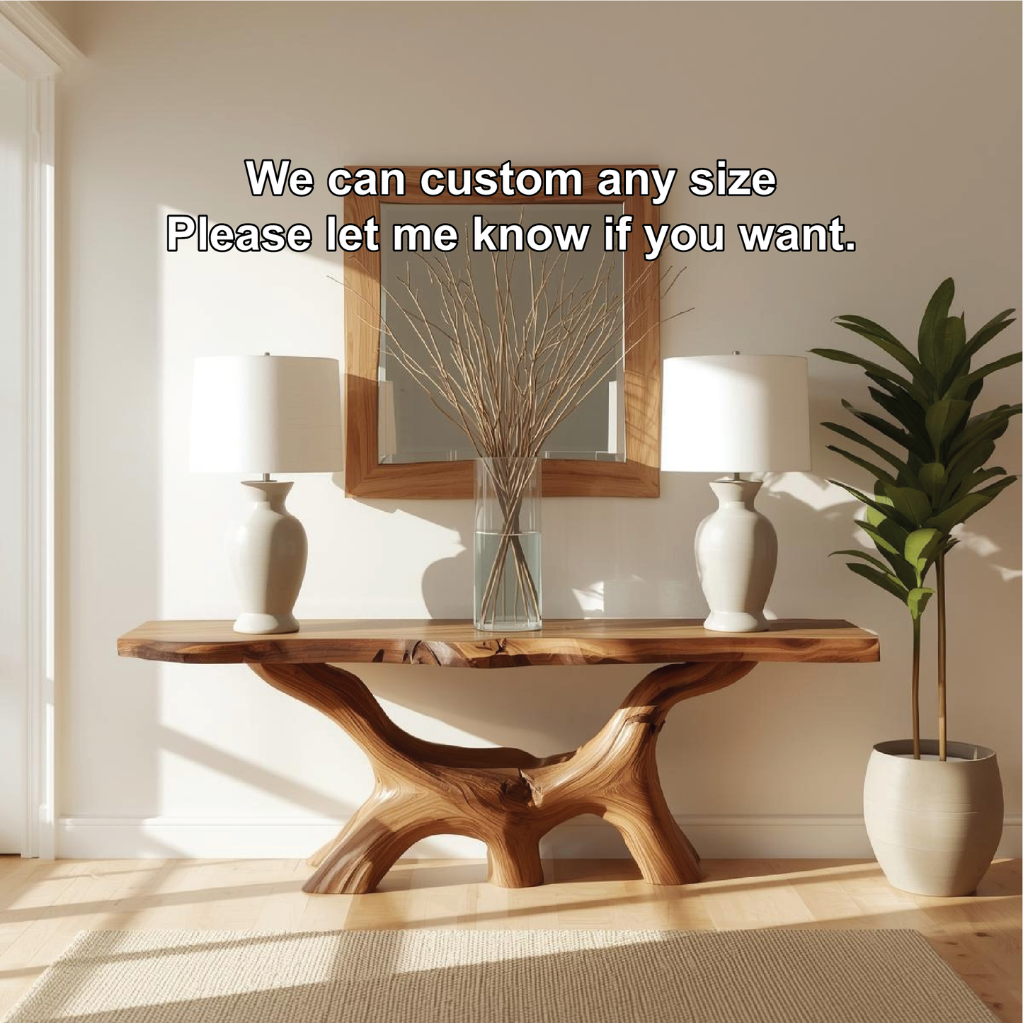 Handcrafted Solid Wood Console Table with Natural Live Edge and Organic Sculptural Base