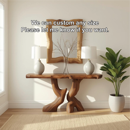 Handcrafted Solid Wood Console Table with Artistic Curved Base and Natural Live Edge Design