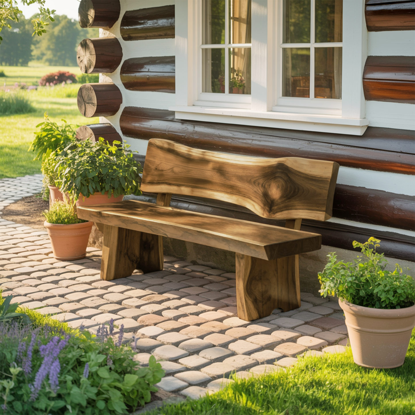 Contemporary Outdoor Wood Bench With Sculpted Back For Patio Or Courtyard