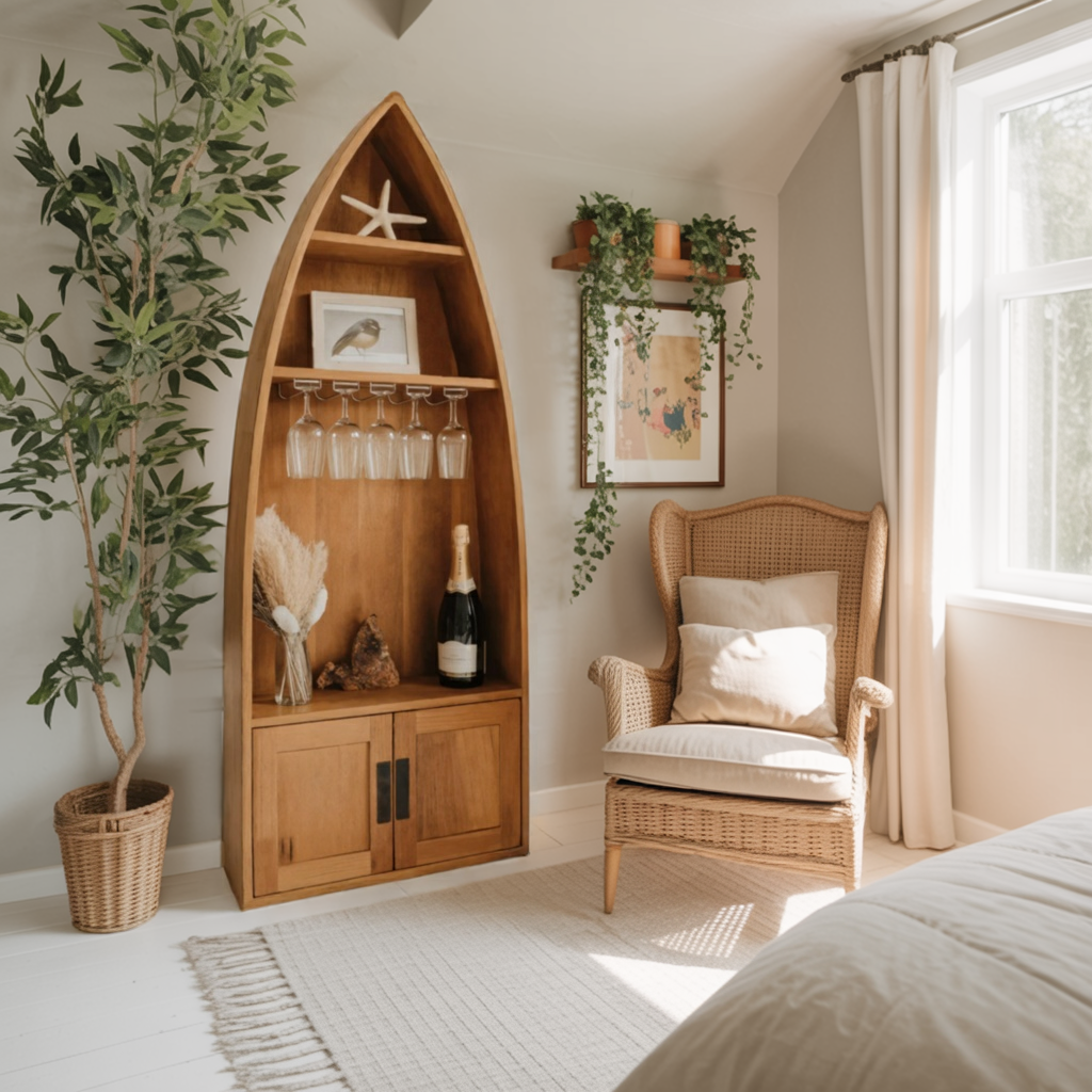 Coastal Boat Shaped Shelf With Glass Rack For Beach House And Living Room