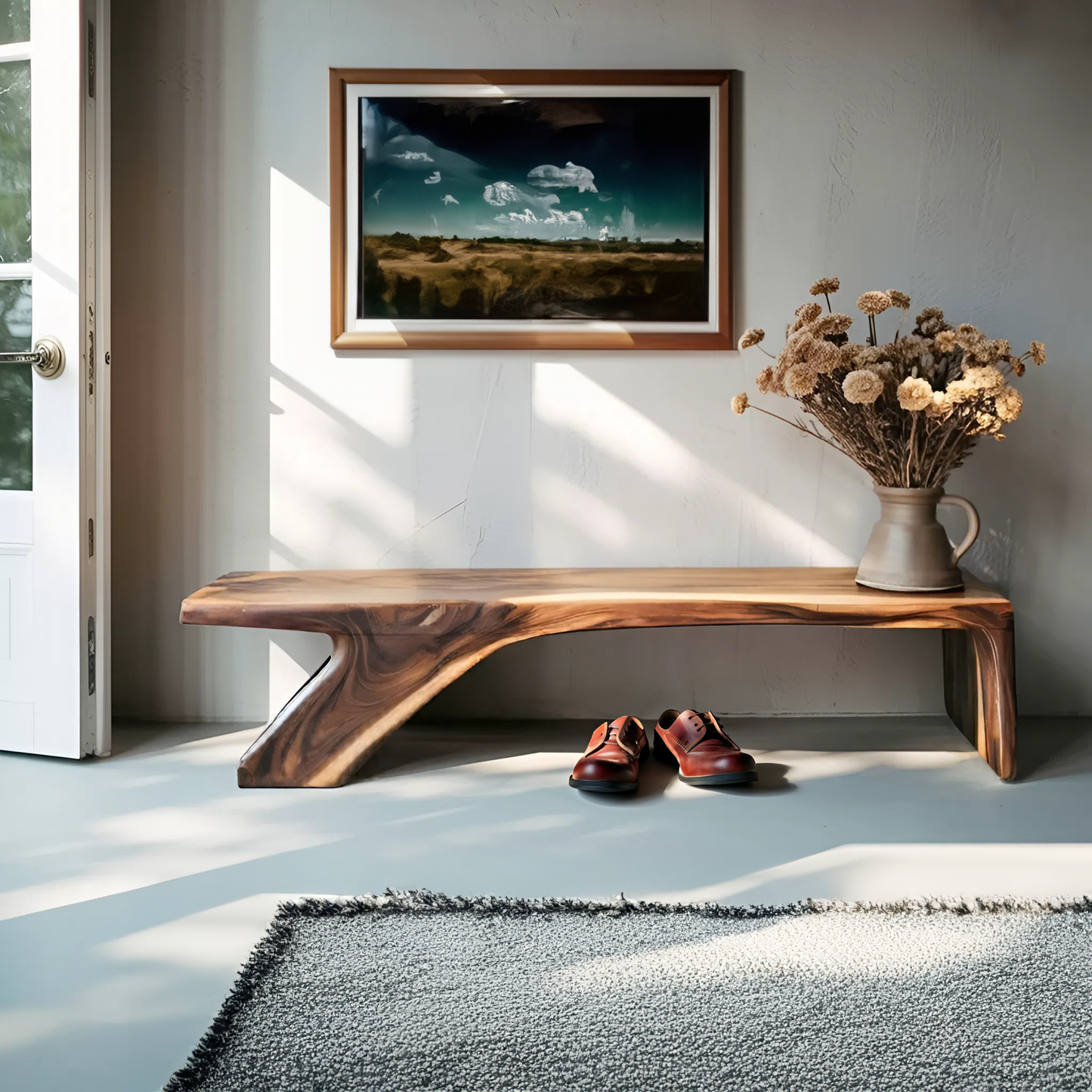 Architectural Bench With Sculpted Z Base For Entryway