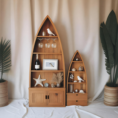 Boat Shaped Display Cabinet With Storage Drawers For Living Room And Entryway