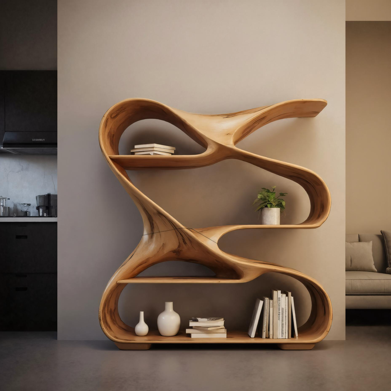 Modern Sculptural Wooden Bookshelf For Living Room Or Office Display
