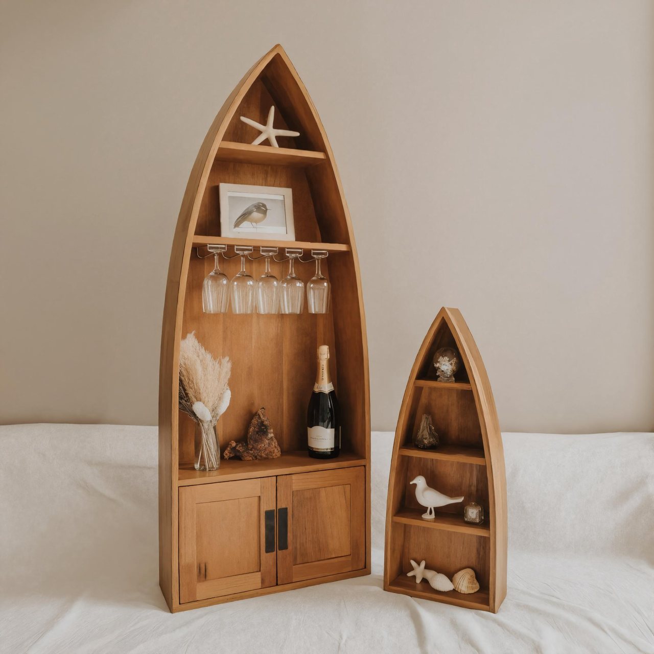 Coastal Boat Shaped Shelf With Glass Rack For Beach House And Living Room
