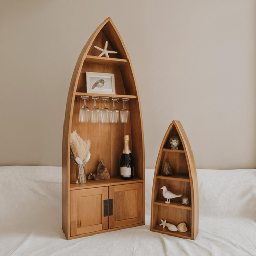 Coastal Boat Shaped Shelf With Glass Rack For Beach House And Living Room