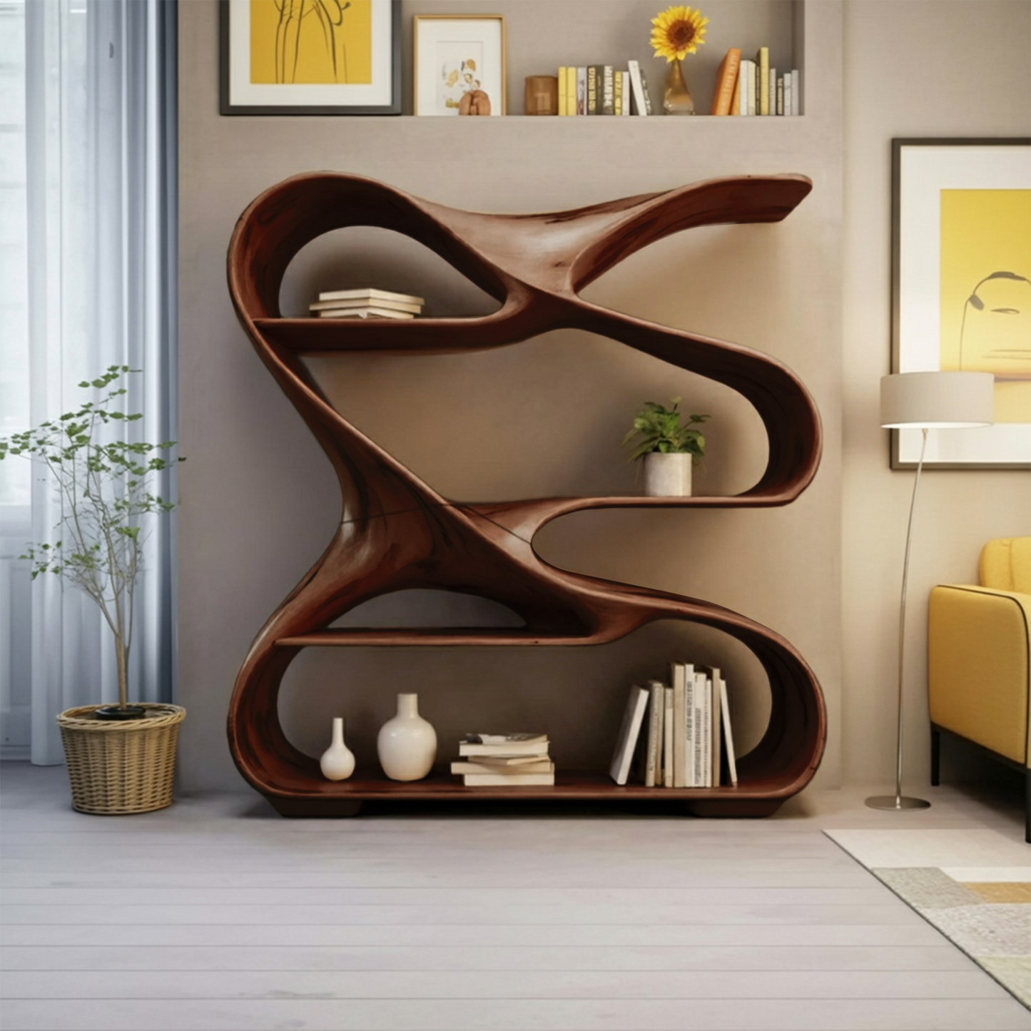 Modern Sculptural Wooden Bookshelf For Living Room Or Office Display