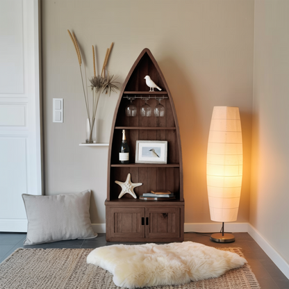 Boat Shaped Display Cabinet With Storage Drawers For Living Room And Entryway